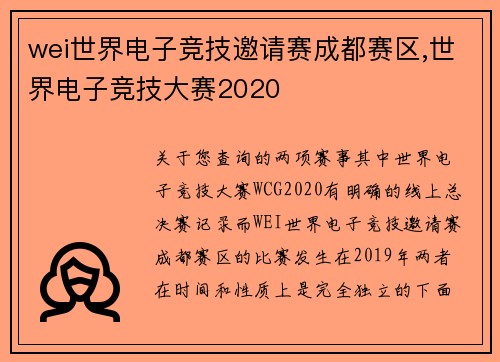 wei世界电子竞技邀请赛成都赛区,世界电子竞技大赛2020