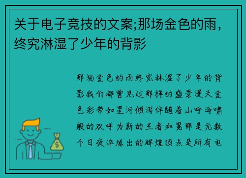 关于电子竞技的文案;那场金色的雨，终究淋湿了少年的背影